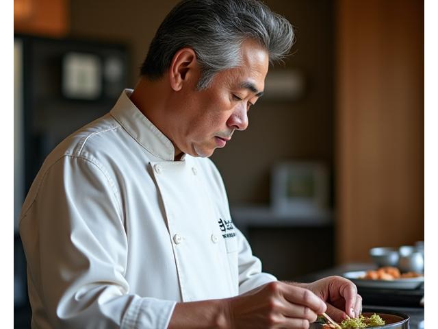 Mishima Suitesの料理長、真剣な表情で会席料理を準備しています